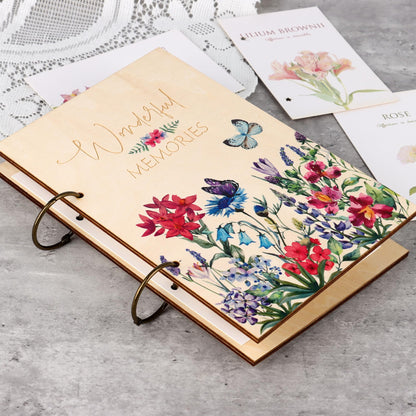 Giiffu Greeting Card Organizer – Wonderful Memories Wooden Floral Card Keeper & Album, Wood Book or Binder for Cards Keepsakes, Personalized Gift for Wedding, Birthday, Anniversaries, Holiday