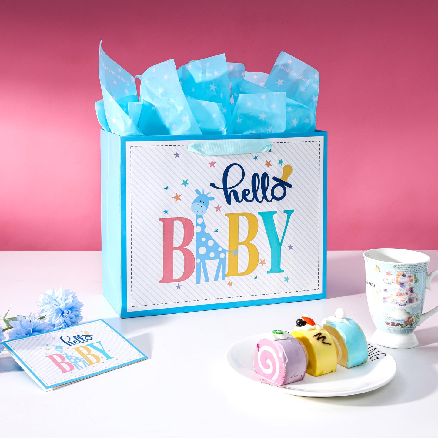 ROSYJUNE 13" Large Baby Gift Bag with Tissue Paper and Greeting Card for Baby Shower, Birthday