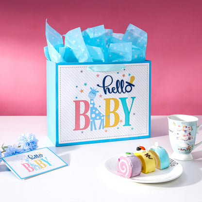 ROSYJUNE 13" Large Baby Gift Bag with Tissue Paper and Greeting Card for Baby Shower, Birthday