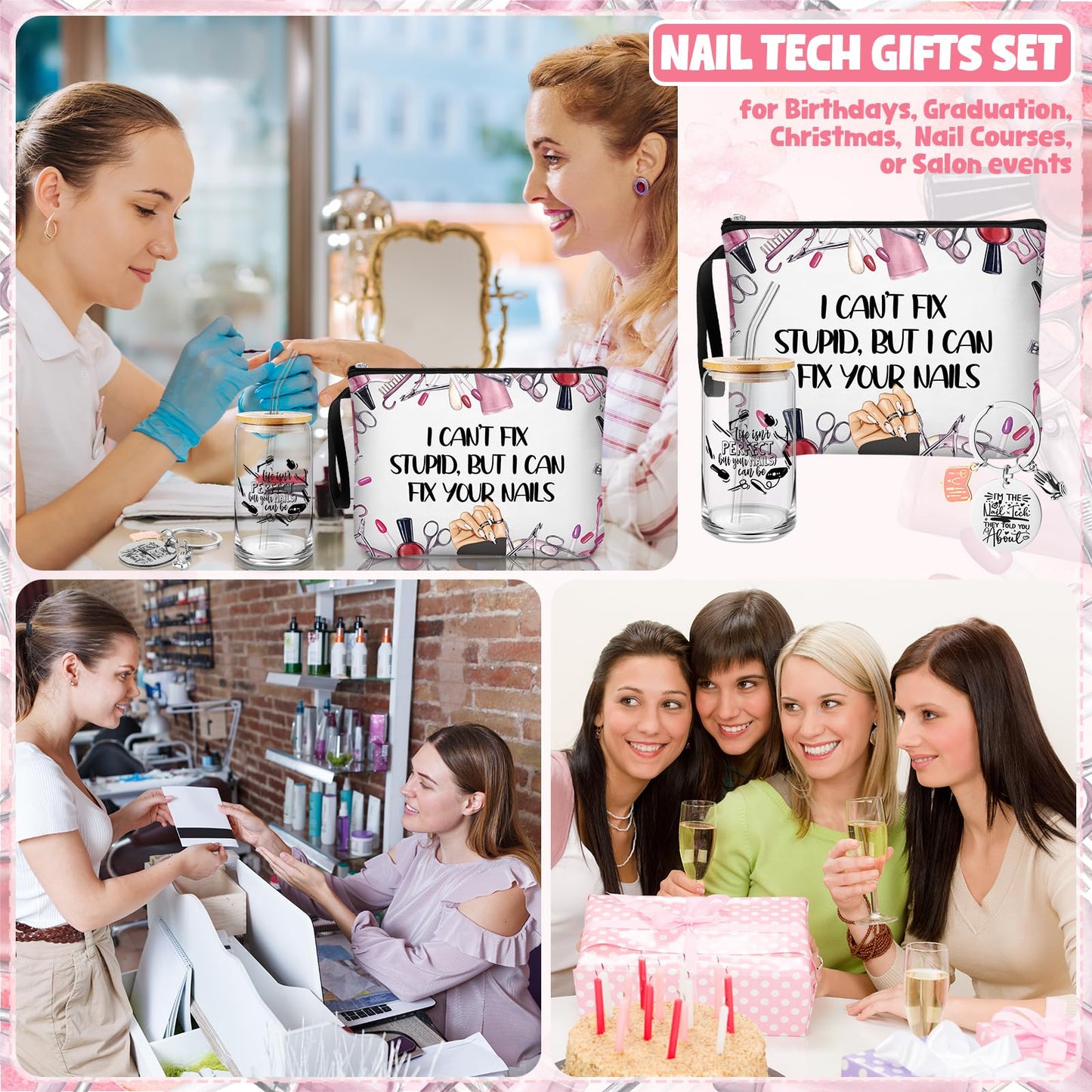 Shinylin 3 Pcs Nail Tech Gifts Set for Women 1 Glass Tumbler with Lids and Straw 1 Travel Makeup Bag 1 Novelty Keychain Manicurist Gifts for Birthday Graduation