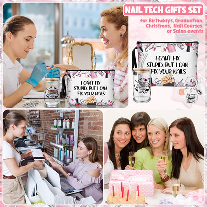 Shinylin 3 Pcs Nail Tech Gifts Set for Women 1 Glass Tumbler with Lids and Straw 1 Travel Makeup Bag 1 Novelty Keychain Manicurist Gifts for Birthday Graduation