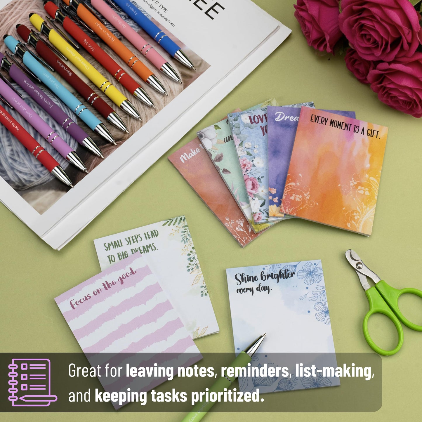 Mr. Pen- Inspirational Sticky Notes and Stylus Pens, 20 Pack, 3" x 4" Sticky Notes, 8 Pads, 240 Sheets, 12 Black Ink Pens with Stylus Tips, Great for Reminders, List-Making & Task Prioritizing