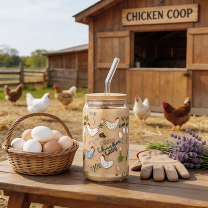SUPREME LIGHTS ·2017· 16 oz Funny Chicken Glass Cup with Lid & Straw, Chicken Gifts for Chicken Lovers, Chicken Cups Gifts for Women Men Boys Girls Kids, Ideal for Crazy Chicken Lady