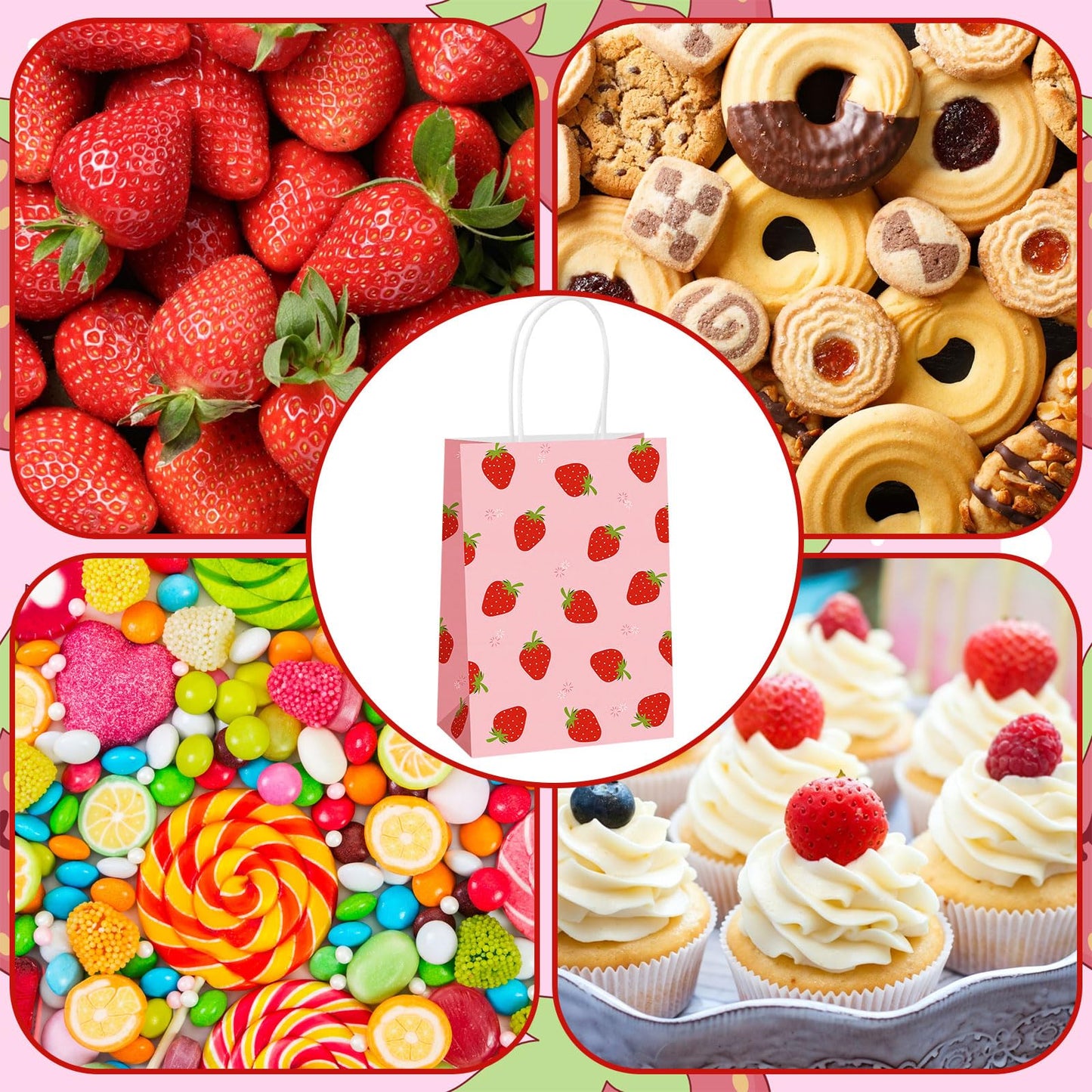 Lemicin 12 Pcs Strawberry Gift Bags Strawberry Party Favor Gift Bags Pink Berry Sweet Paper Candy Treat Goodie Bag with Handles for Birthday Baby Shower Summer Holiday Party Supplies