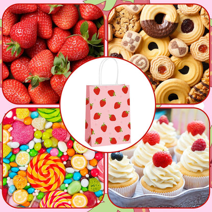 Lemicin 12 Pcs Strawberry Gift Bags Strawberry Party Favor Gift Bags Pink Berry Sweet Paper Candy Treat Goodie Bag with Handles for Birthday Baby Shower Summer Holiday Party Supplies