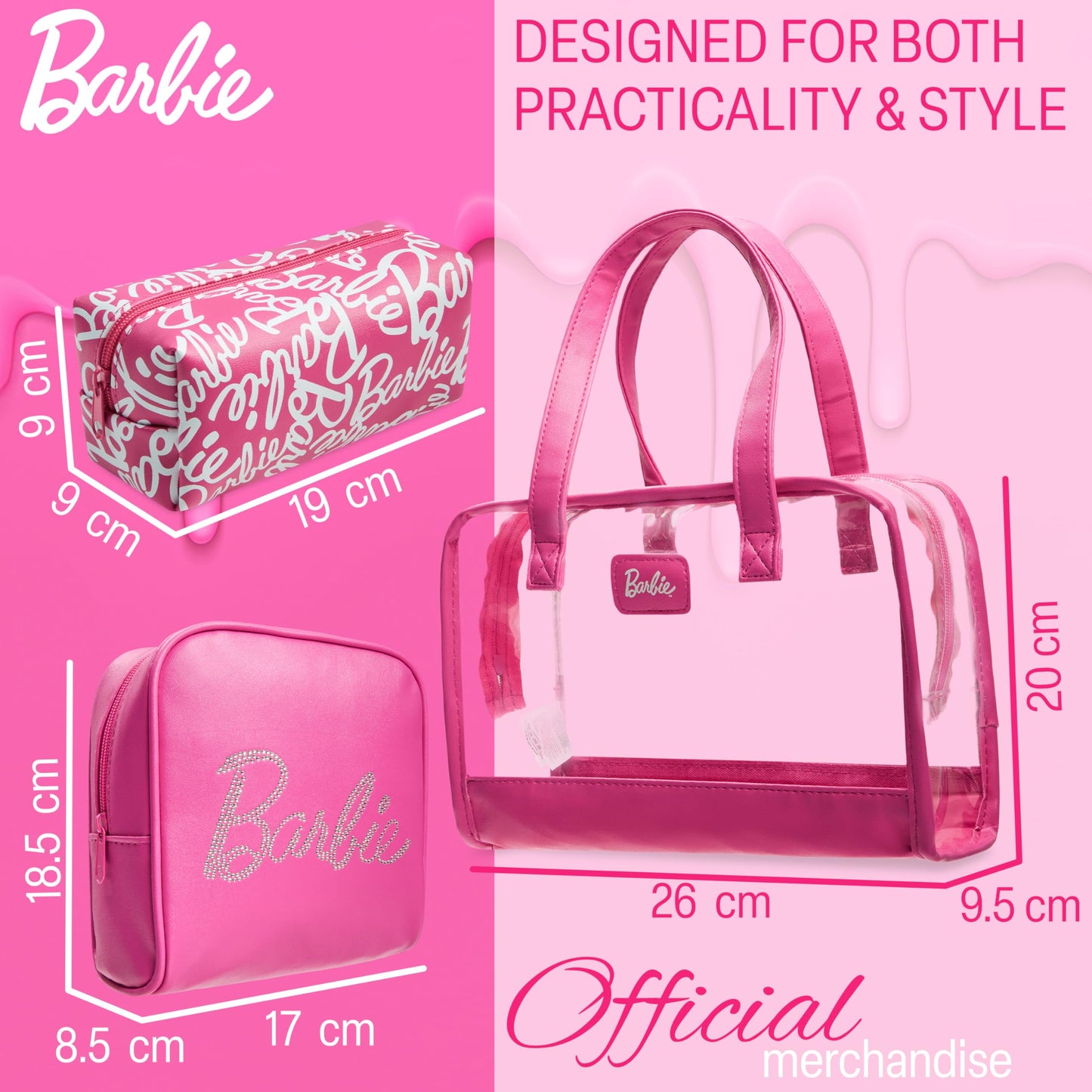 Get Trend Barbie Toiletry Bags Set of 3, Zipped Wash Bag and Cosmetic Bag Holiday Essentials