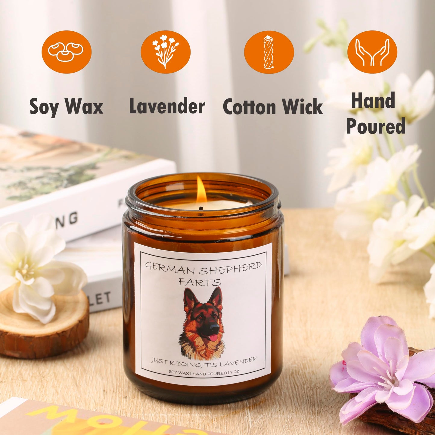 German Shepherd Gifts & Decor, German Shepherd Gifts for Women - German Shepherd Farts Candle, Dog Mom Gift, Natural Soy Wax Lavender Scented Candle 7oz