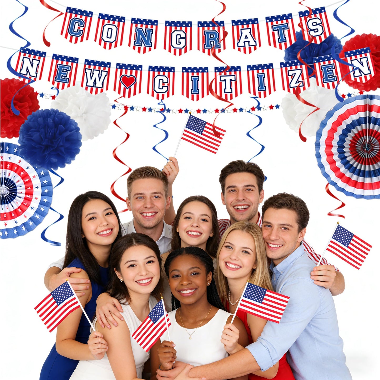 Us Citizenship Party Decorations - 31 Pcs Concrats New Citizen Banner Garland Hanging Swirls Paper Fans Pom Poms Americal Flags Decor Set Oath Ceremonies Patriotic Gift Ideas Supplies