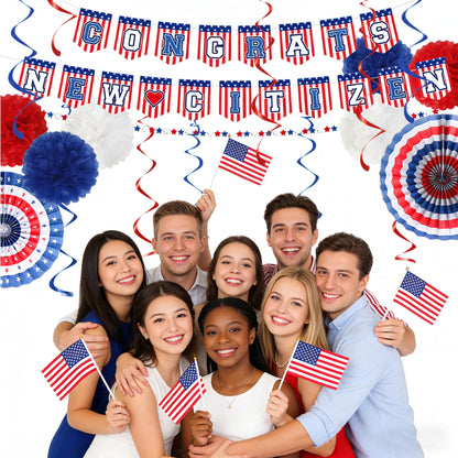 Us Citizenship Party Decorations - 31 Pcs Concrats New Citizen Banner Garland Hanging Swirls Paper Fans Pom Poms Americal Flags Decor Set Oath Ceremonies Patriotic Gift Ideas Supplies
