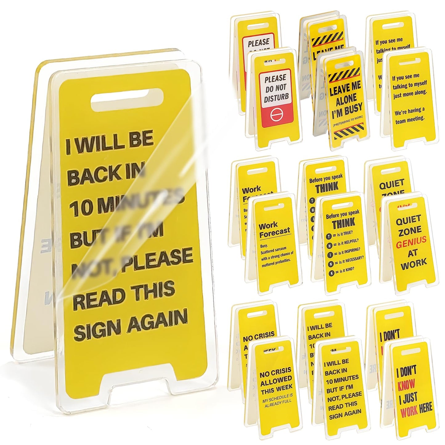 Funny Office Desk Signs 18 Pack – Mini Acrylic Message Holders, Desk Decor & Gag Gifts for Coworkers, Boss & White Elephant