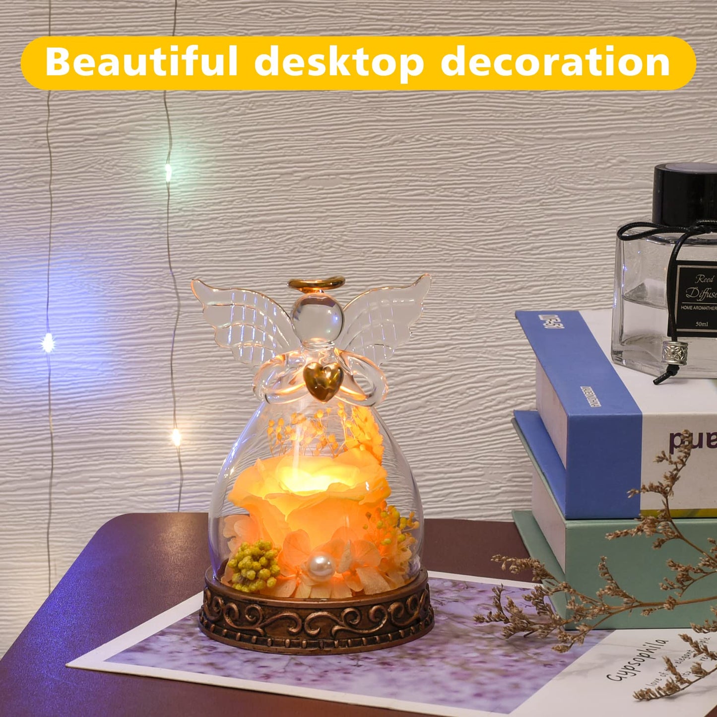 Preserved Real Rose in Glass Angel Figurine with LED Light, Angel Gifts for Women, Mom, Grandma on Mother's Day Christmas Birthday (Yellow)