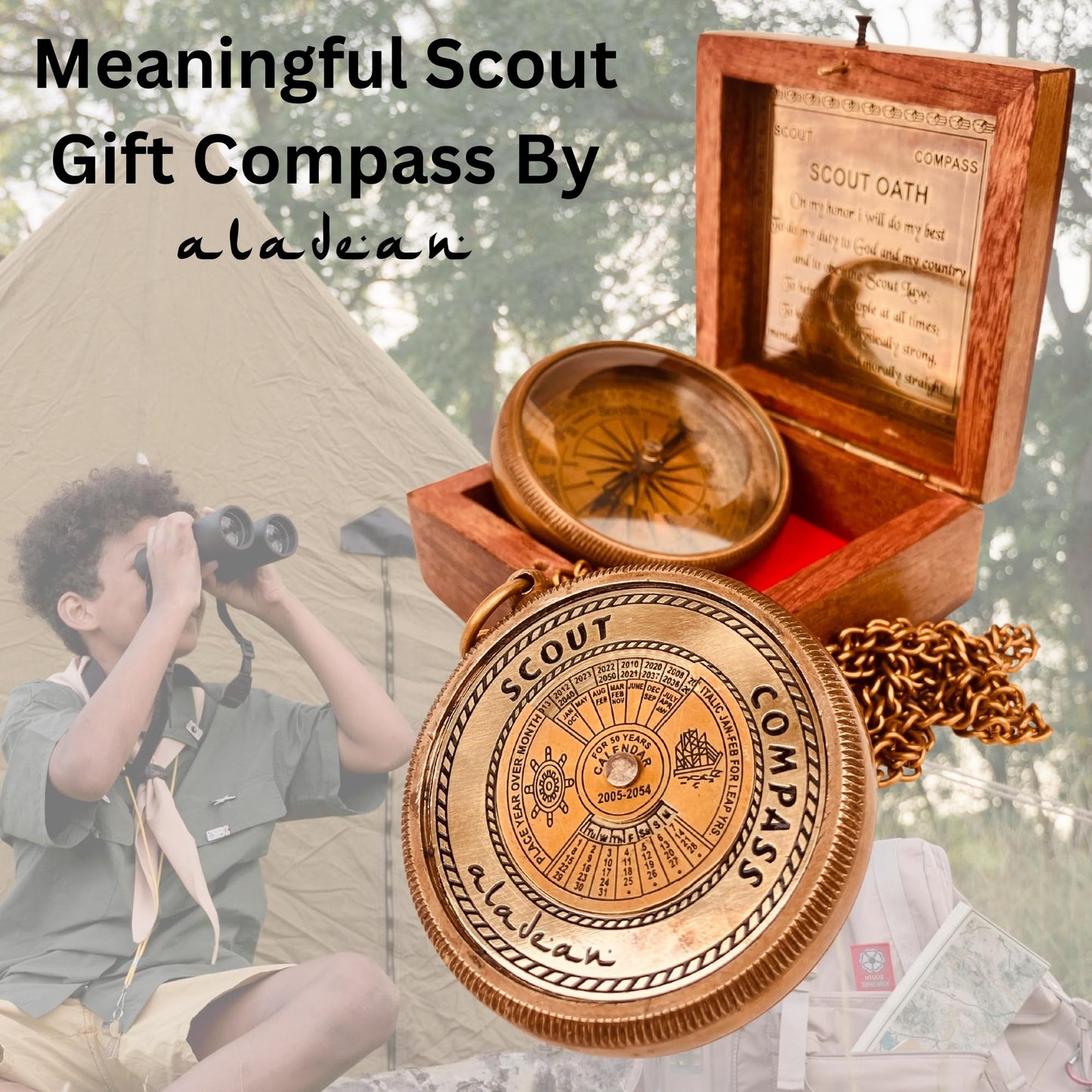 Scout Compass Gift Boys - Engraved Scout Oath Compass in wood Box Scout Always Prepared Camping Orienteering Compass, Hiking Backpacking Compass gift, 50 year calander