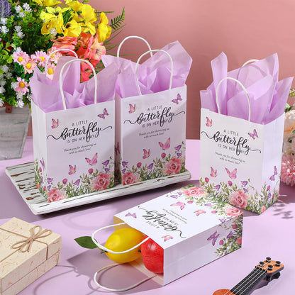 Engrowtic 50 Set Butterfly Baby Shower Party Gift Bags a Little Butterfly Is on Her Way Party Favors Purple Pink Floral Gift Bags with Handles for 50 Guests for Baby Shower Birthday Decorations