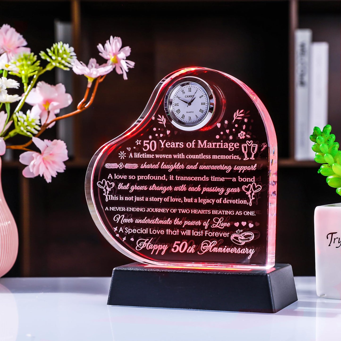 YWHL 50th Anniversary Heart Gifts for Couple 50th Wedding Anniversary Crystal Gifts for Wife Husband with Colorful LED Base Romantic 50 Years of Marriage Gift for Her Him (Battery not Included)