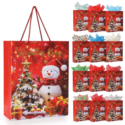 Rusikia 12 Christmas Gift Bags with 12 Tissues and 1 Satin Ribbon, Red Party Favor Bags Bulk with Handles, Glittery Cute Tree Snow-man Paper Bag for Xmas Holiday Party (Medium 10"x4"x12.6")