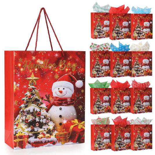 Rusikia 12 Christmas Gift Bags with 12 Tissues and 1 Satin Ribbon, Red Party Favor Bags Bulk with Handles, Glittery Cute Tree Snow-man Paper Bag for Xmas Holiday Party (Medium 10"x4"x12.6")