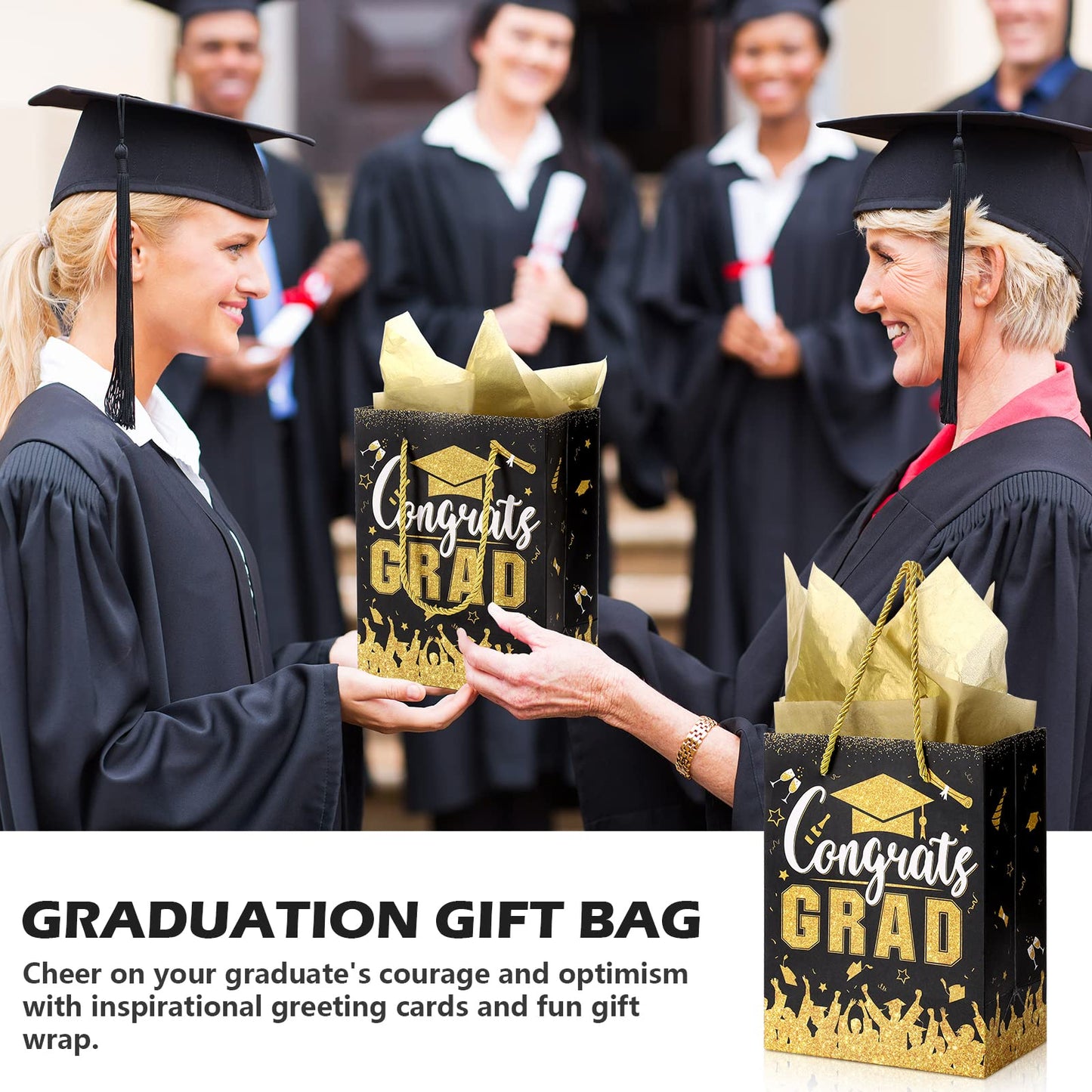 TaoBary 12 Pcs Graduation Gift Bags with Tissue Party Favor Bag Handles Class of 2026 Grad Paper Goodie Bulk for Congrats Supplies(Black Gold)