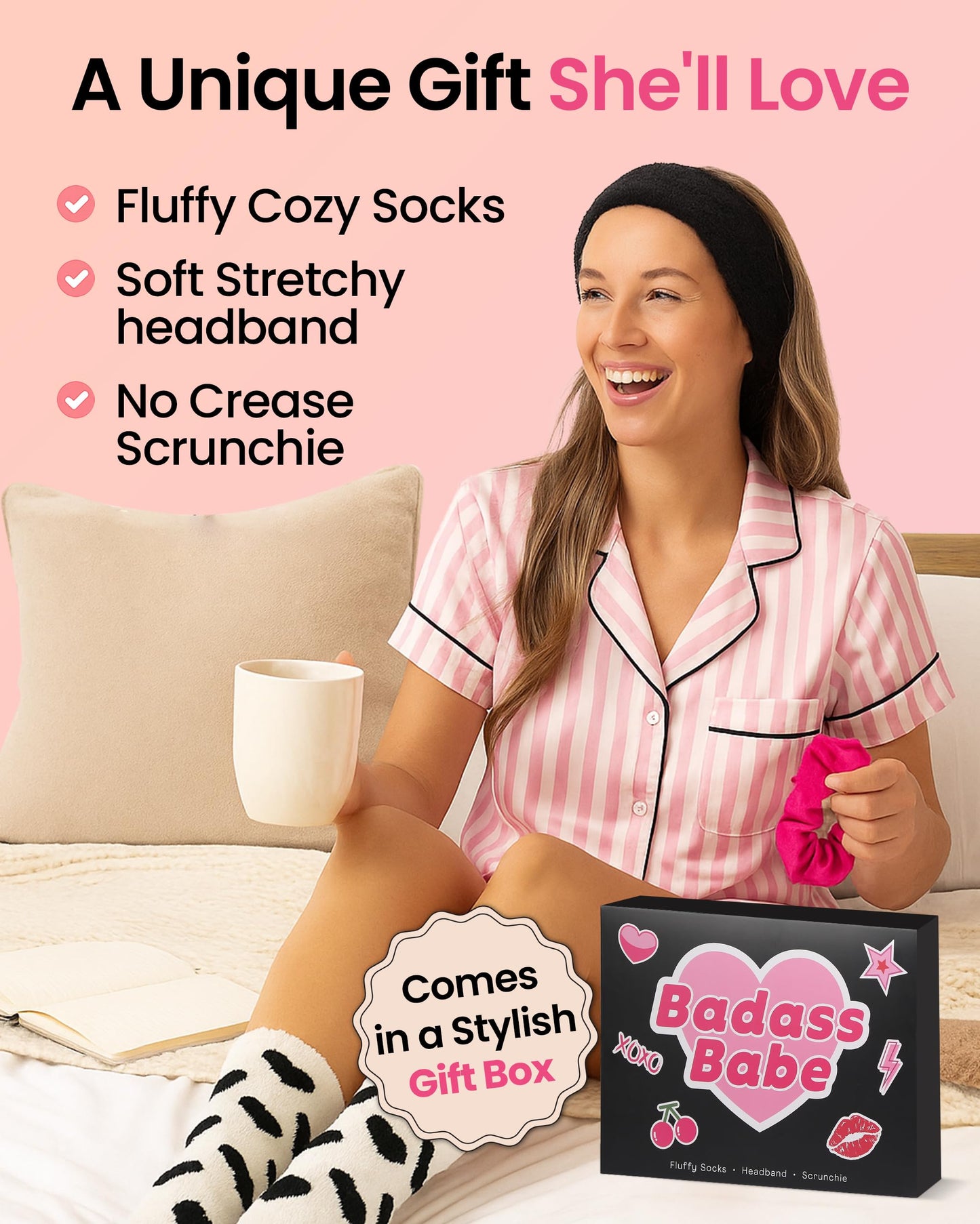 Lily England Cozy Gift Set for Women - Fluffy Socks, Headband, & A Scrunchie - Best-Friend Gifts, Sister Gifts for Sister & Christmas & Birthday Gifts for Her, Badass Babe Unique Gift
