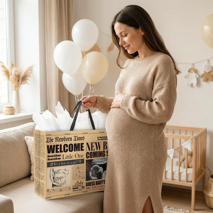 Loveinside 13" Large Baby Shower Newspaper Gift Bag, Vintage Welcome New Baby Design, Gender Neutral Kraft Party Bag with Tissue Paper for Pregnancy Announcement, Newborn Gifts, 13" x 5" x 10", 1 Pcs