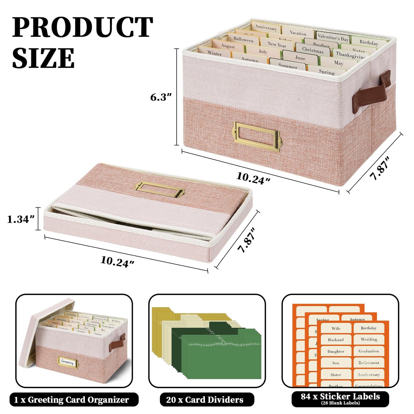 Vienrose Greeting Card Organizer Box with 20 Removable Dividers, 84 Labels, Large Capacity Foldable Storage Box for Photos, Postcards, Stickers & Keepsakes, Portable Linen Organizer, Pink&Lotus