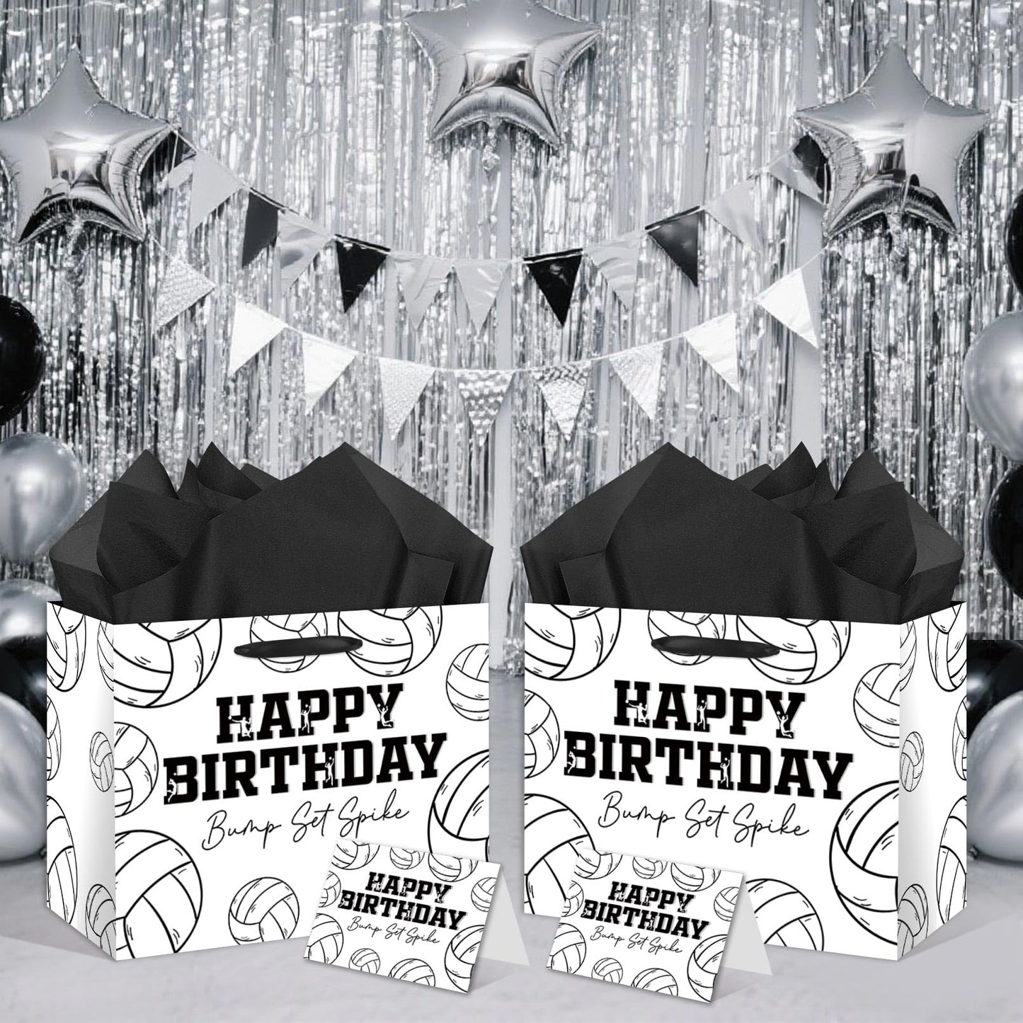 HSKMAKE Large Volleyball Birthday Gift Bag, Black White Volleyball Theme Gift Bag, with Card and Tissue Paper, Sports Party Gift Bags, for Boys, Girls, Fans, Birthday Party Favor Decorations Supplies