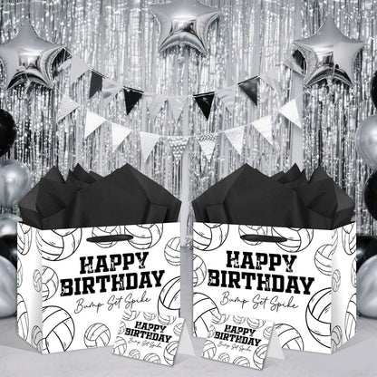 HSKMAKE Large Volleyball Birthday Gift Bag, Black White Volleyball Theme Gift Bag, with Card and Tissue Paper, Sports Party Gift Bags, for Boys, Girls, Fans, Birthday Party Favor Decorations Supplies