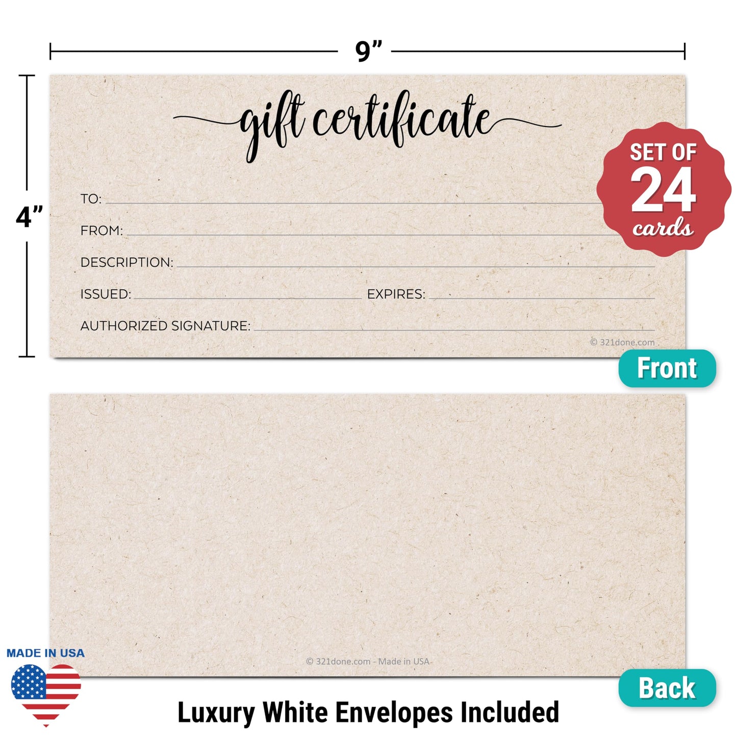 321Done Rustic Gift Certificates (Pack of 24 with Envelopes) 4x9 Inches Blank Kraft Tan Minimalist for Small Business, Holiday, Christmas Voucher, Spa, Salon - Made in USA