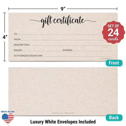 321Done Rustic Gift Certificates (Pack of 24 with Envelopes) 4x9 Inches Blank Kraft Tan Minimalist for Small Business, Holiday, Christmas Voucher, Spa, Salon - Made in USA