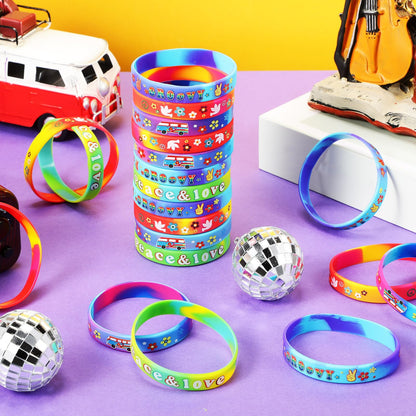 24 Pcs 60's Hippy Retro Groovy Silicone Bracelets Wristbands Party Decoration Peace Love 60's Hippy Favor for 60s Hippie Groovy Party Supplies