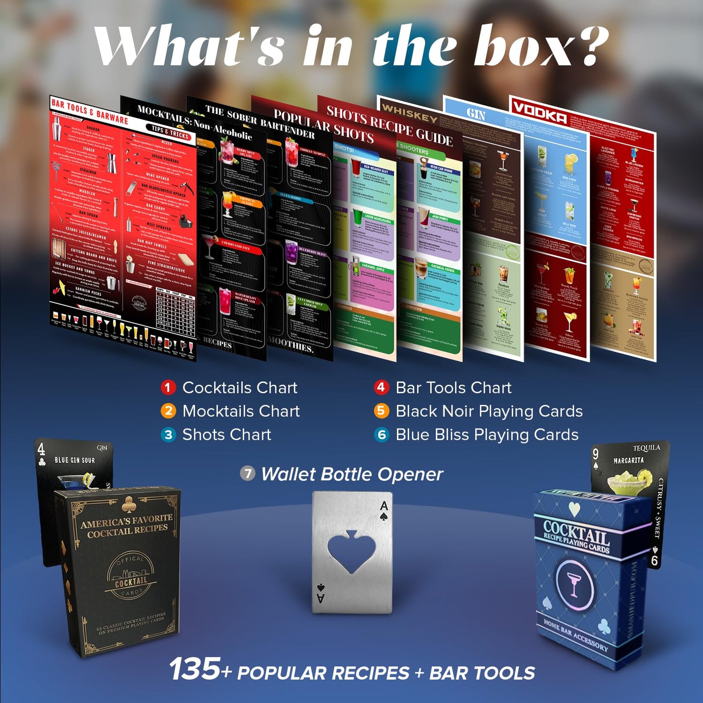 Gift Set 120+ Cocktail Drinks, Smoothie Recipes, Mocktails Non-Alcoholic Drinks & Gifts for Mixologists. 1 pk Blue + 1 pk Black Decks + Drink Guides