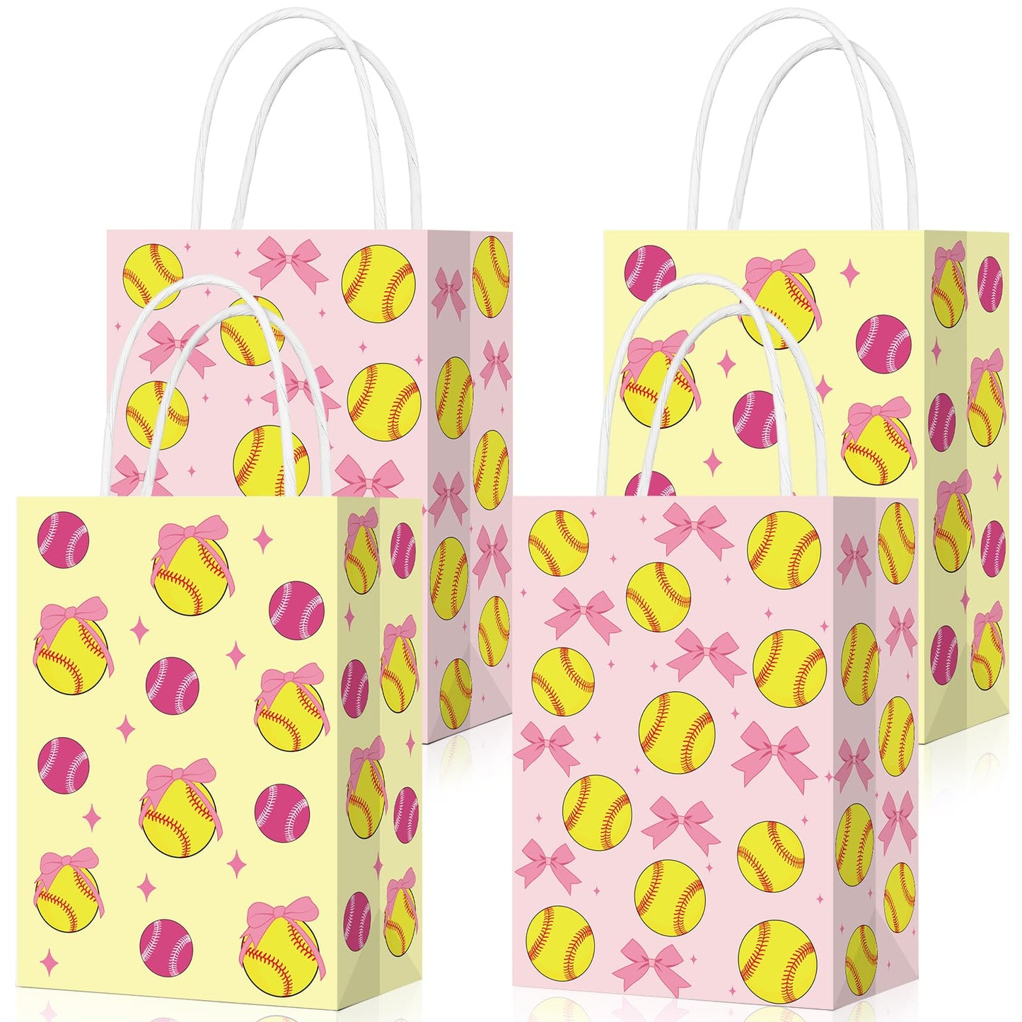 Eersida 16 Pcs Pink Bow Softball Snack Bags for Team with Handles Bulk 2 Styles Softball Candy Treat Bags Birthday Supplies Sports Party Gifts