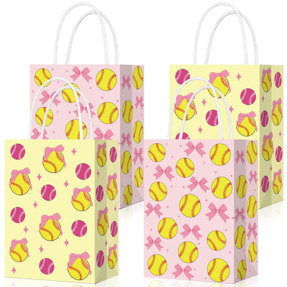 Eersida 16 Pcs Pink Bow Softball Snack Bags for Team with Handles Bulk 2 Styles Softball Candy Treat Bags Birthday Supplies Sports Party Gifts