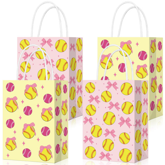 Eersida 16 Pcs Pink Bow Softball Snack Bags for Team with Handles Bulk 2 Styles Softball Candy Treat Bags Birthday Supplies Sports Party Gifts