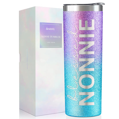 Onebttl Nonnie Gifts for Grandma's Mother's Day, 20oz Purple & Blue Glitter Skinny Tumbler, Straw & Lid Included, Christian Gifts for Blessed Nonnie