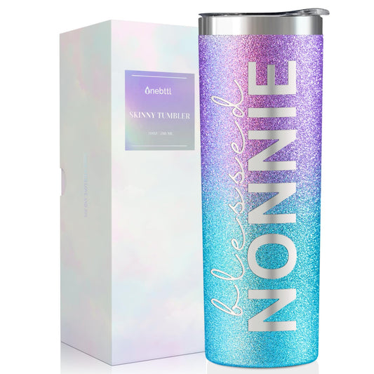 Onebttl Nonnie Gifts for Grandma's Mother's Day, 20oz Purple & Blue Glitter Skinny Tumbler, Straw & Lid Included, Christian Gifts for Blessed Nonnie
