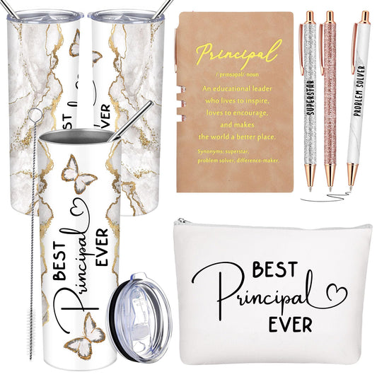 Domensi 6 Pcs End of The Year Gifts for Principal Thank You Gift 20oz Rustic Butterfly Marble Sign Tumbler Makeup Bag Journal for Assistant Principal School Office Birthday Retirement (White)