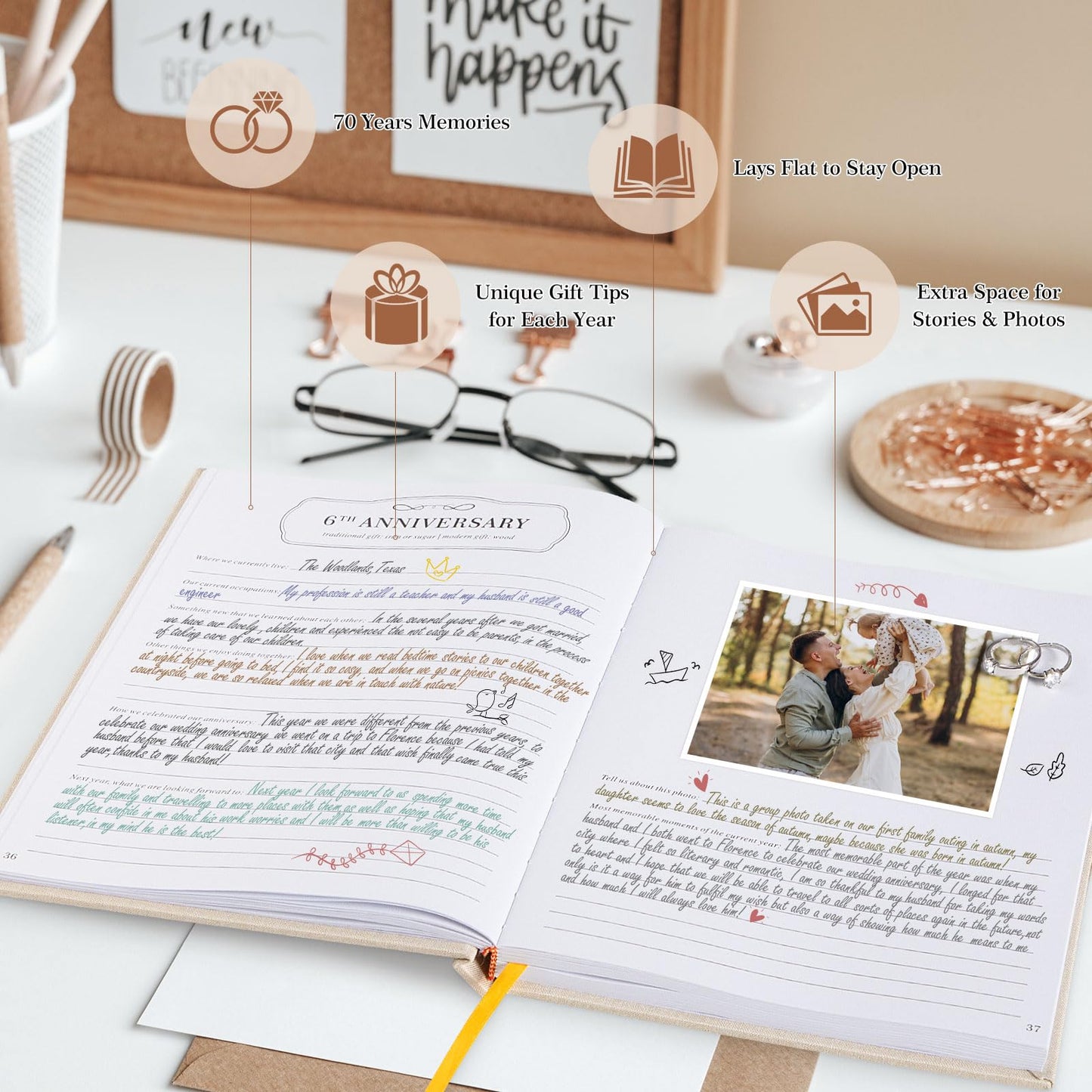 Lanpn Wedding Anniversary Journal Notebook - Linen First Year to 70th Anniversary Scrapbook Memory Book for Couples - Newlywed Marriage Journal Wedding Anniversary Book Gifts (Green, 190 Pages)