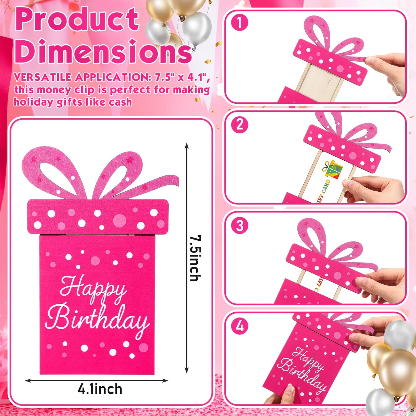 Kathfly Cheerful Birthday Gift Card Holders, Wooden Gift Cardholder Pull Out, and Cute Card Holder to Decorate Gifts for Wedding Birthday Note Cards and Business Cards(Pink)
