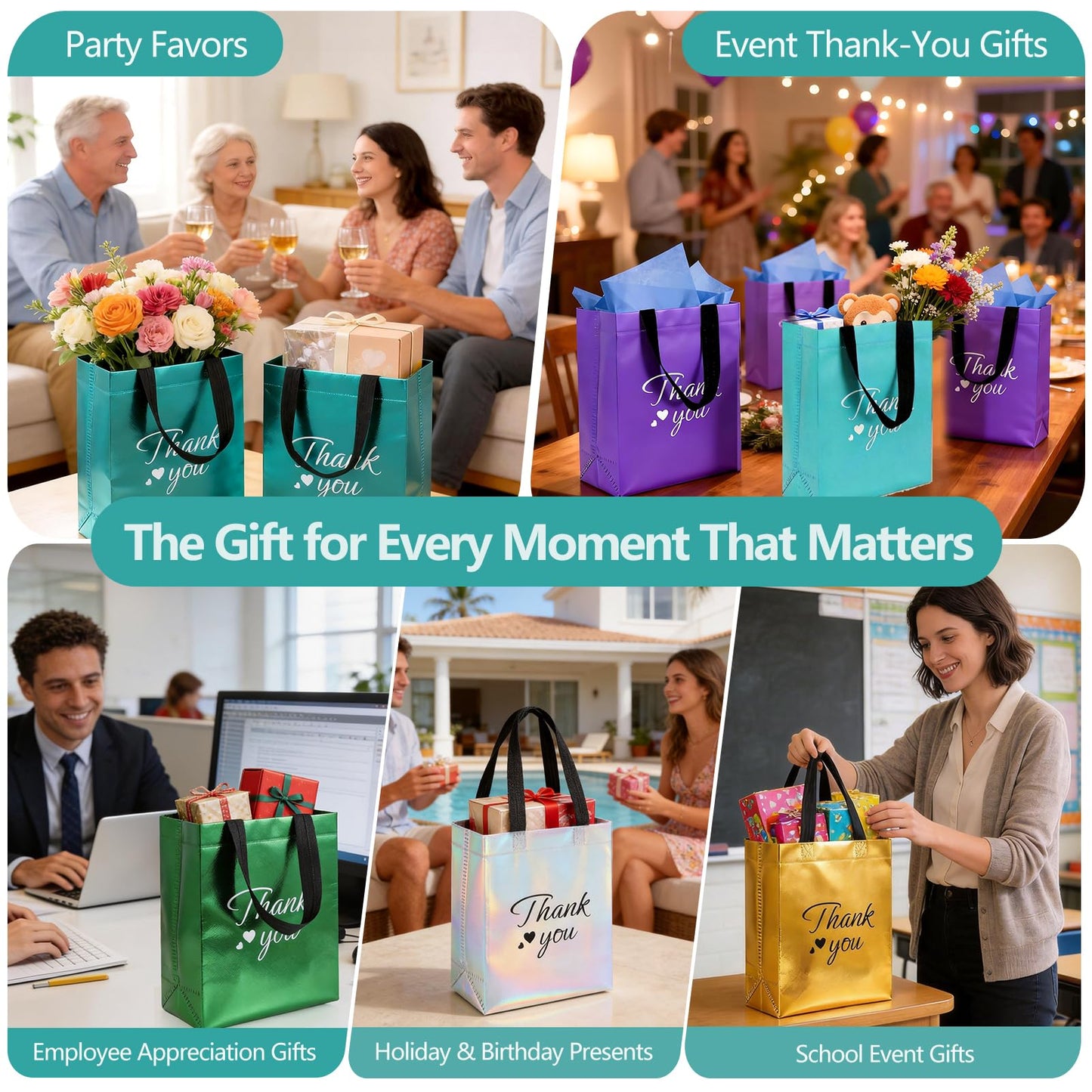 60 Pcs Reusable Gift Bags with Handles Set (10 x 8 x 4 Inch), Include 30 Thank You Bag & Tissue Paper, Medium Colorful Gift Bag Bulk for Birthday, Baby Shower, Bridal Shower, Wedding, Party & Events