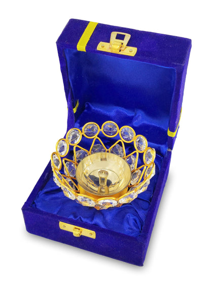 NOBILITY Gold Crystal Diya with Blue Velvet Gift Box Home Decoration Chrystal Piyali Dia Pooja Items Puja Gifts Handmade Oil Lamp Traditional Indian Dhanteras Deepawali Diwali Gift Items 6 Pcs