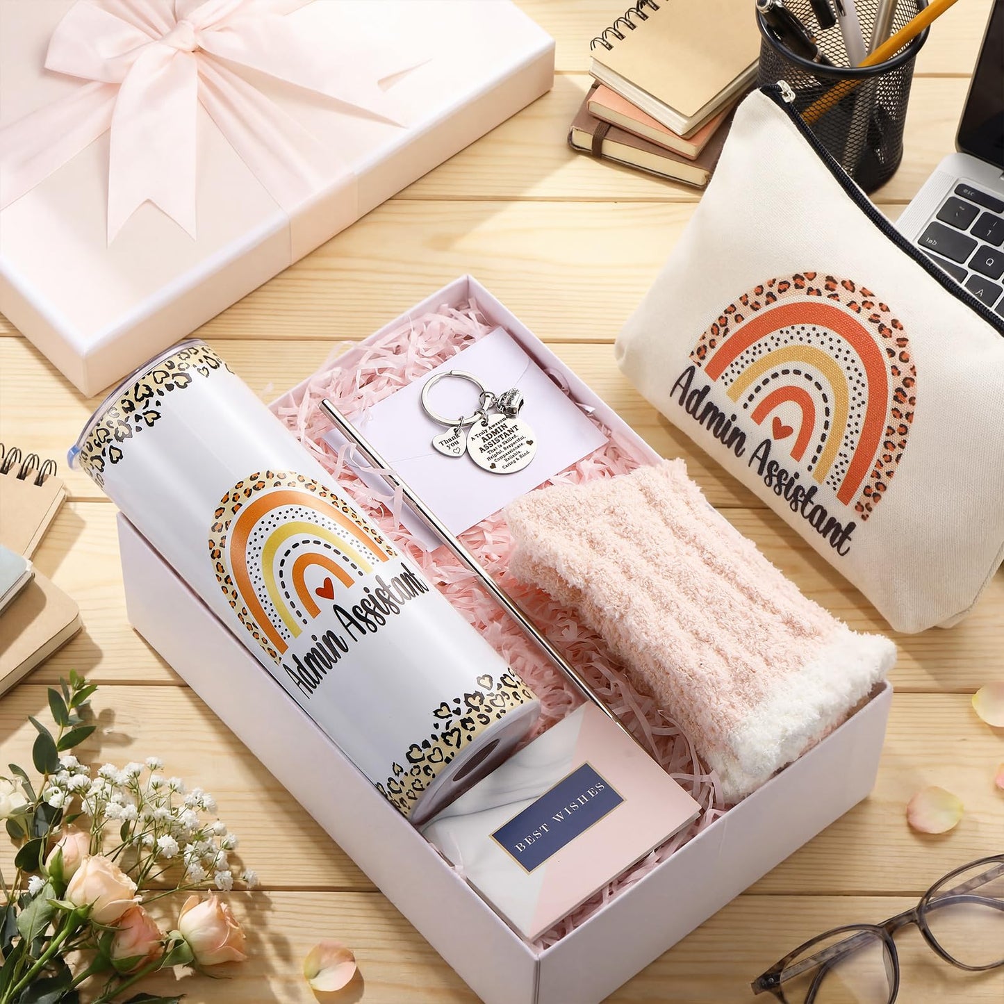 Geiserailie 8 Pcs Administrative Assistant Gifts for Women Including Large Tote Bag Cosmetic Bags Tumbler Cup Plush Socks Metal Keychain Card Administrative Professionals Day Gifts for Secretary Day