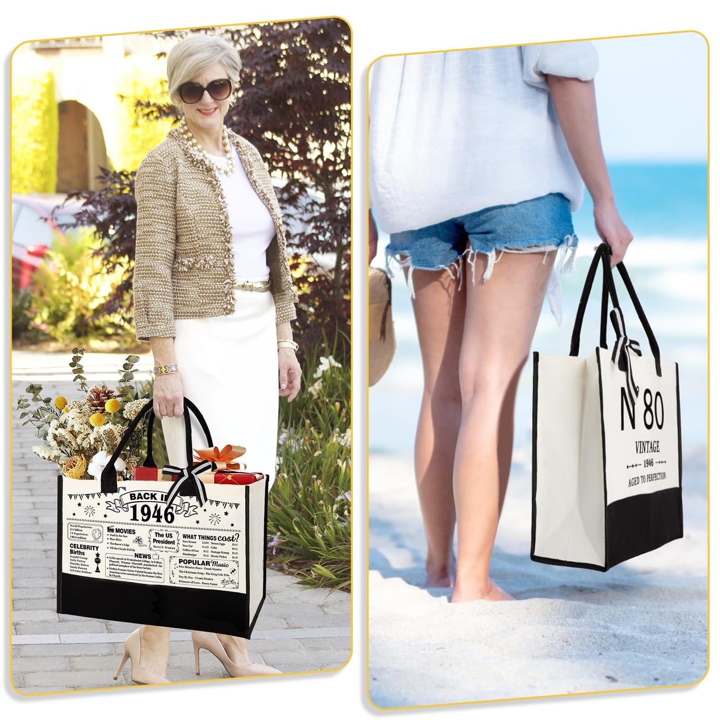 YeohJoy 80th Birthday Gifts for Women Canvas Tote Bag Travel Gear, Unique 80 Years Old Gifts for Wife Mom Sister Aunt Friends Her, Vintage N°80 Handbag & Cosmetic Bag & Back in 1946 Poster
