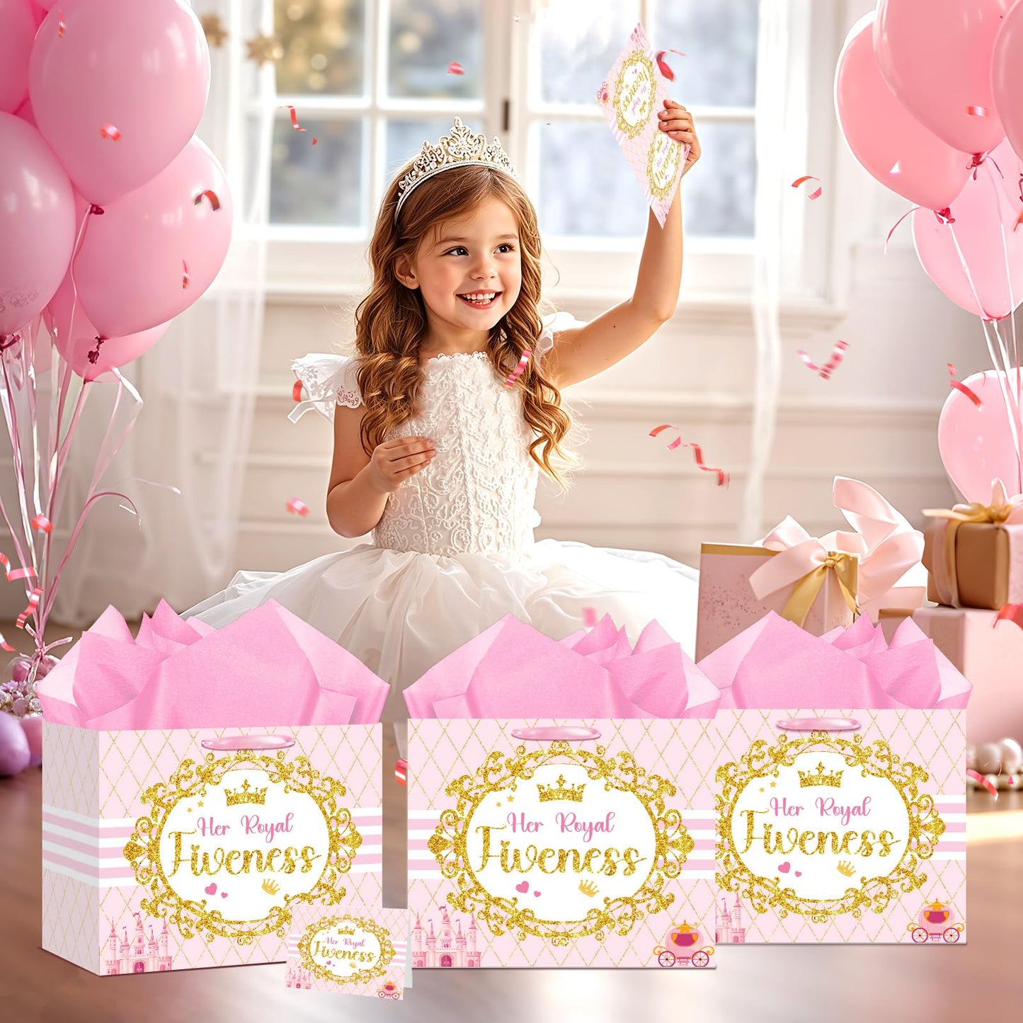 Princess Gift Bags Pink Happy 5th Birthday Party Favors Bag Princess Birthday Party Decorations with Wrapping Tissue Paper and Greeting Card for 5 Year Old Girls Kids Baby Shower Party Supplies Decor