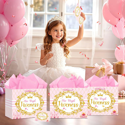 Princess Gift Bags Pink Happy 5th Birthday Party Favors Bag Princess Birthday Party Decorations with Wrapping Tissue Paper and Greeting Card for 5 Year Old Girls Kids Baby Shower Party Supplies Decor