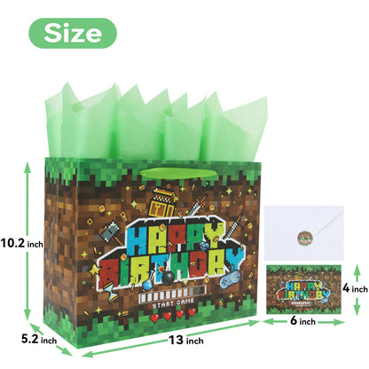 wishinside 13'' Large Game Birthday Gift Bag Set with Handles, Greeting Card, Black Tissue Papers and Stickers for Boys Kids Teens, Game-Themed Design, 1 Pcs