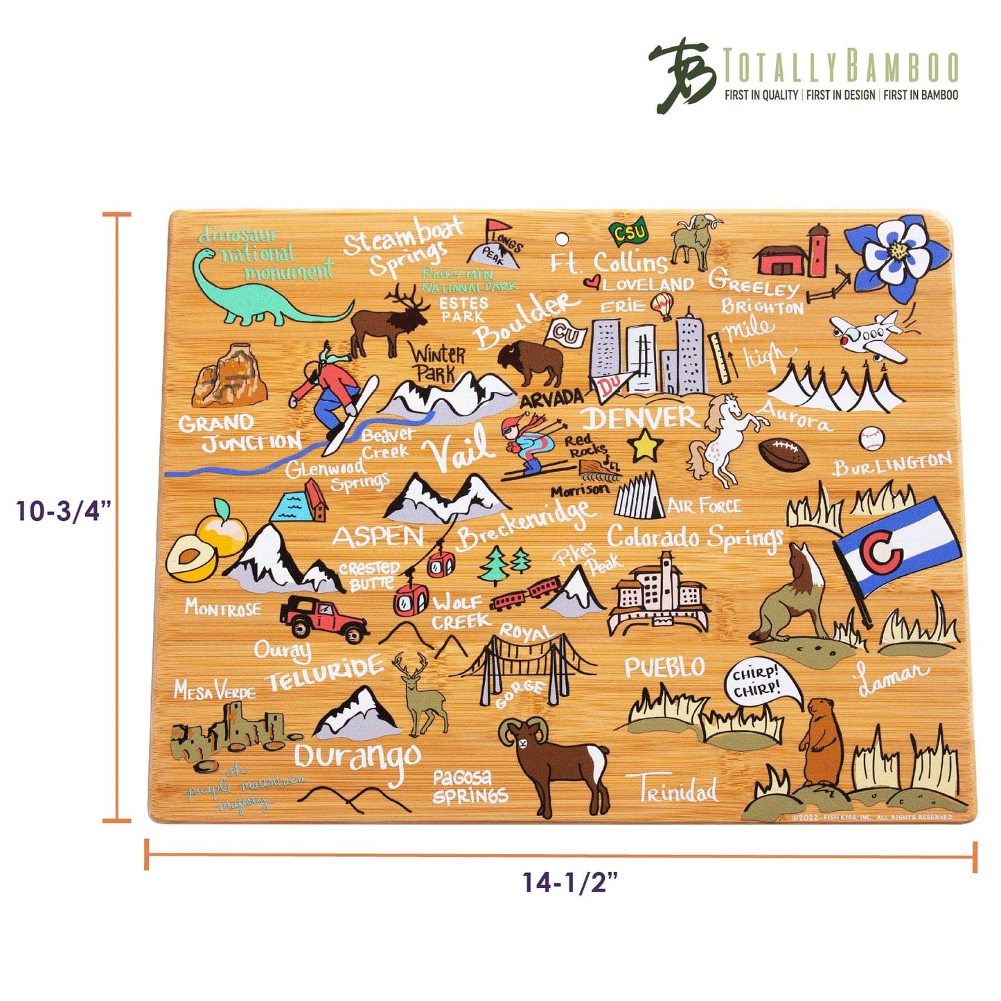Totally Bamboo Colorado State Shaped Cutting Board and Charcuterie Serving Platter with Artwork by Fish Kiss, Includes Hang Tie for Wall Display