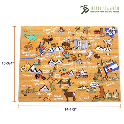 Totally Bamboo Colorado State Shaped Cutting Board and Charcuterie Serving Platter with Artwork by Fish Kiss, Includes Hang Tie for Wall Display