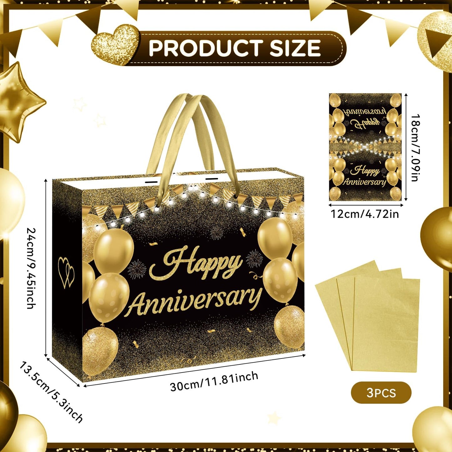 GOLDCROW Black Gold Anniversary Party Gift Bag with Tissue Papers and Card, Large Wedding Anniversary Paper Gift Wrapping Paper Bag for Men Women Anniversary Party, Wedding Party Supplies
