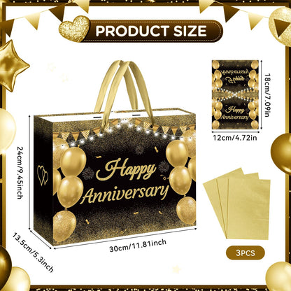 GOLDCROW Black Gold Anniversary Party Gift Bag with Tissue Papers and Card, Large Wedding Anniversary Paper Gift Wrapping Paper Bag for Men Women Anniversary Party, Wedding Party Supplies