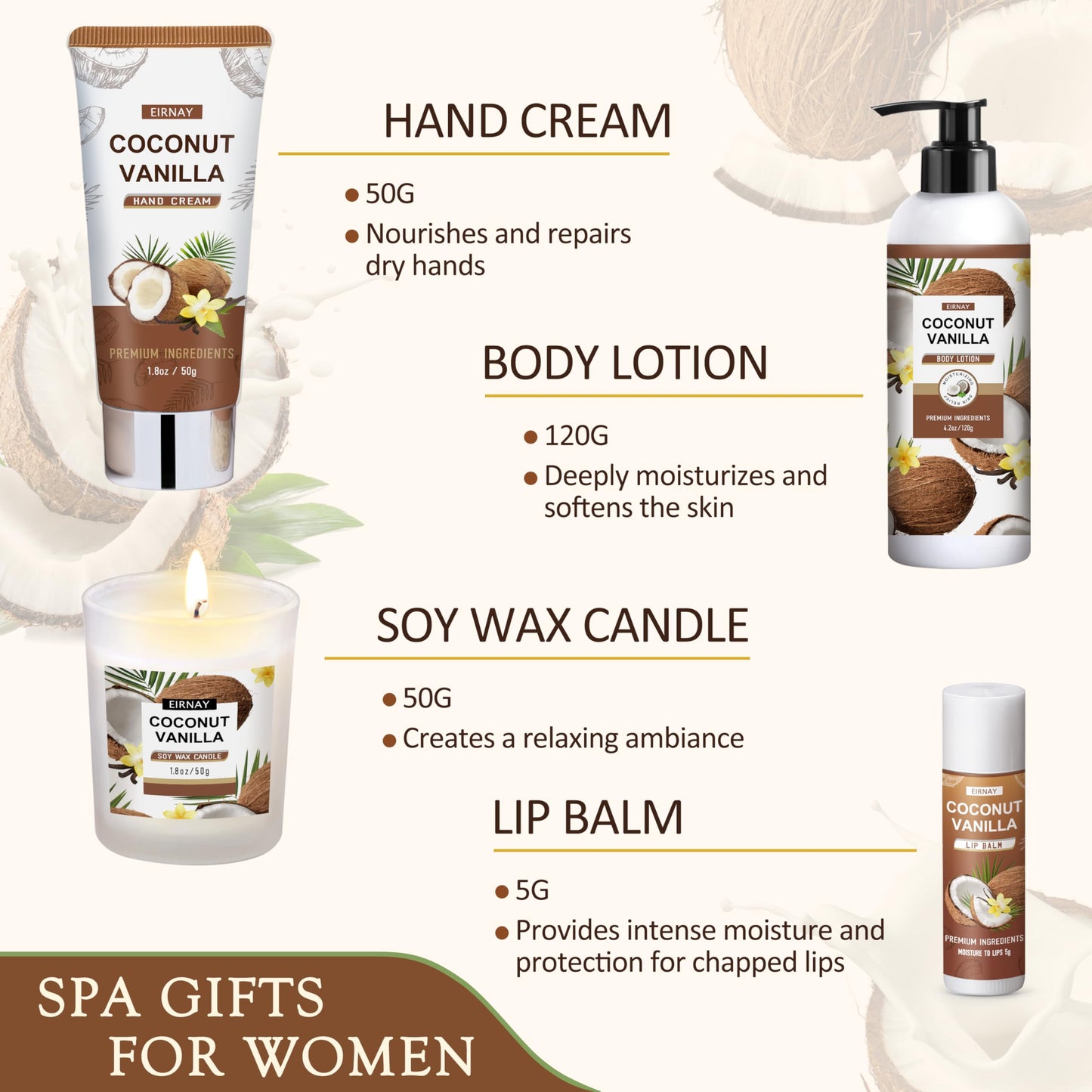 Mothers Day Gifts For Women - 16 PCS Birthday Gift Basket for Women Set of Coconut Vanilla Self Pampering Set, Includes Luxurious Home Spa Shower Gel Bubble Bath